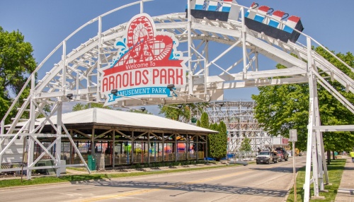 Arnold's Park Amusement Park entrance with large sign