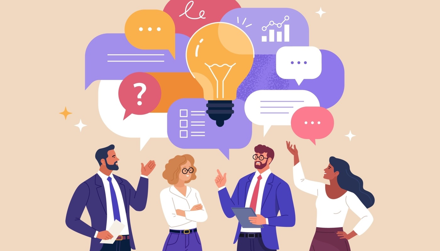 graphc illustration with four people, two men and two women, talking with thought bubbles over their heads that contain various graphs, light bulbs, and question makrs